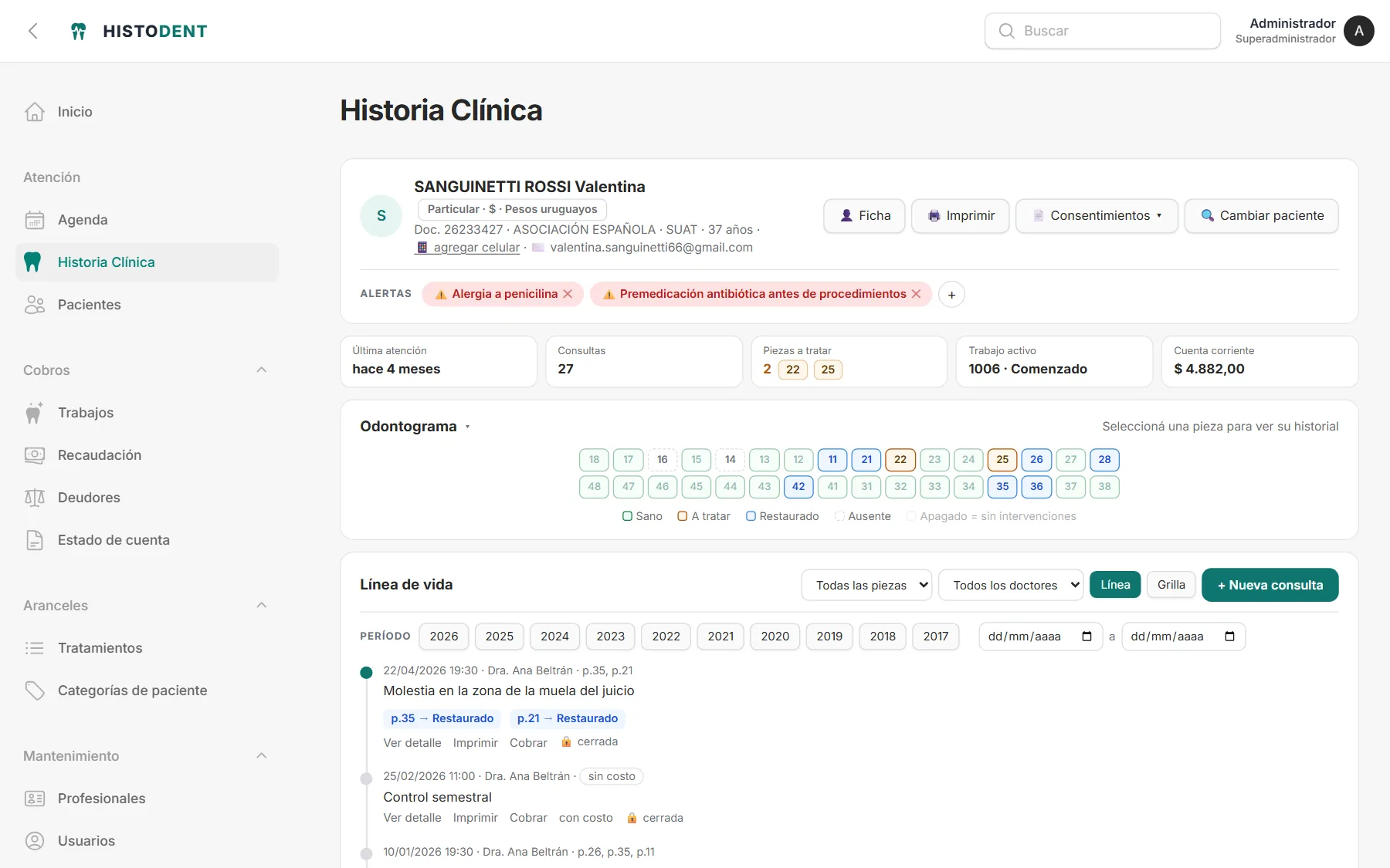 Pantalla de Historia clínica de HISTODENT
